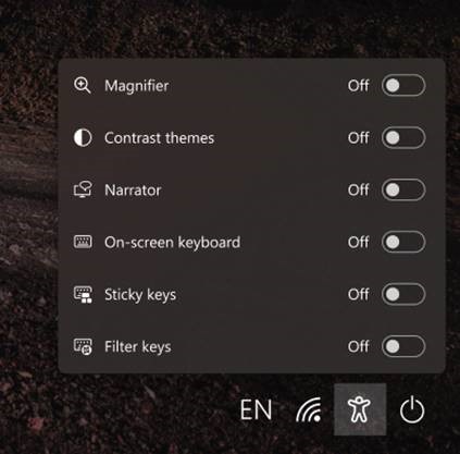 The accessibility flyout on the login screen now matches the Windows 11 design principles.