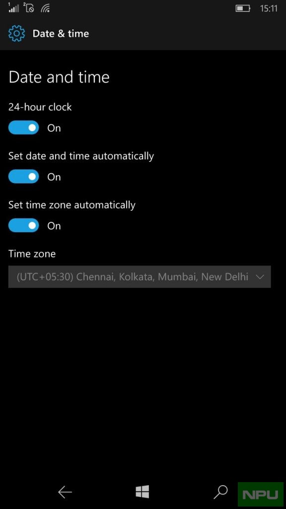 Date & Time Windows 10 Mobile