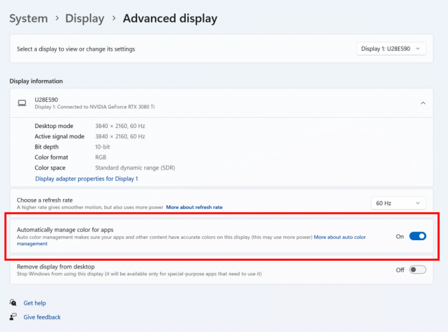 Auto Color Management setting in the Advanced display settings page.