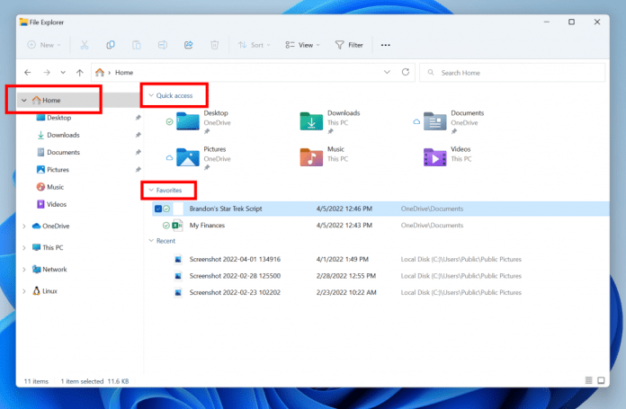 The default homepage of File Explorer is now called Home with the name Quick access repurposed for the pinned/frequent folders section and Pinned files is now called Favorites.