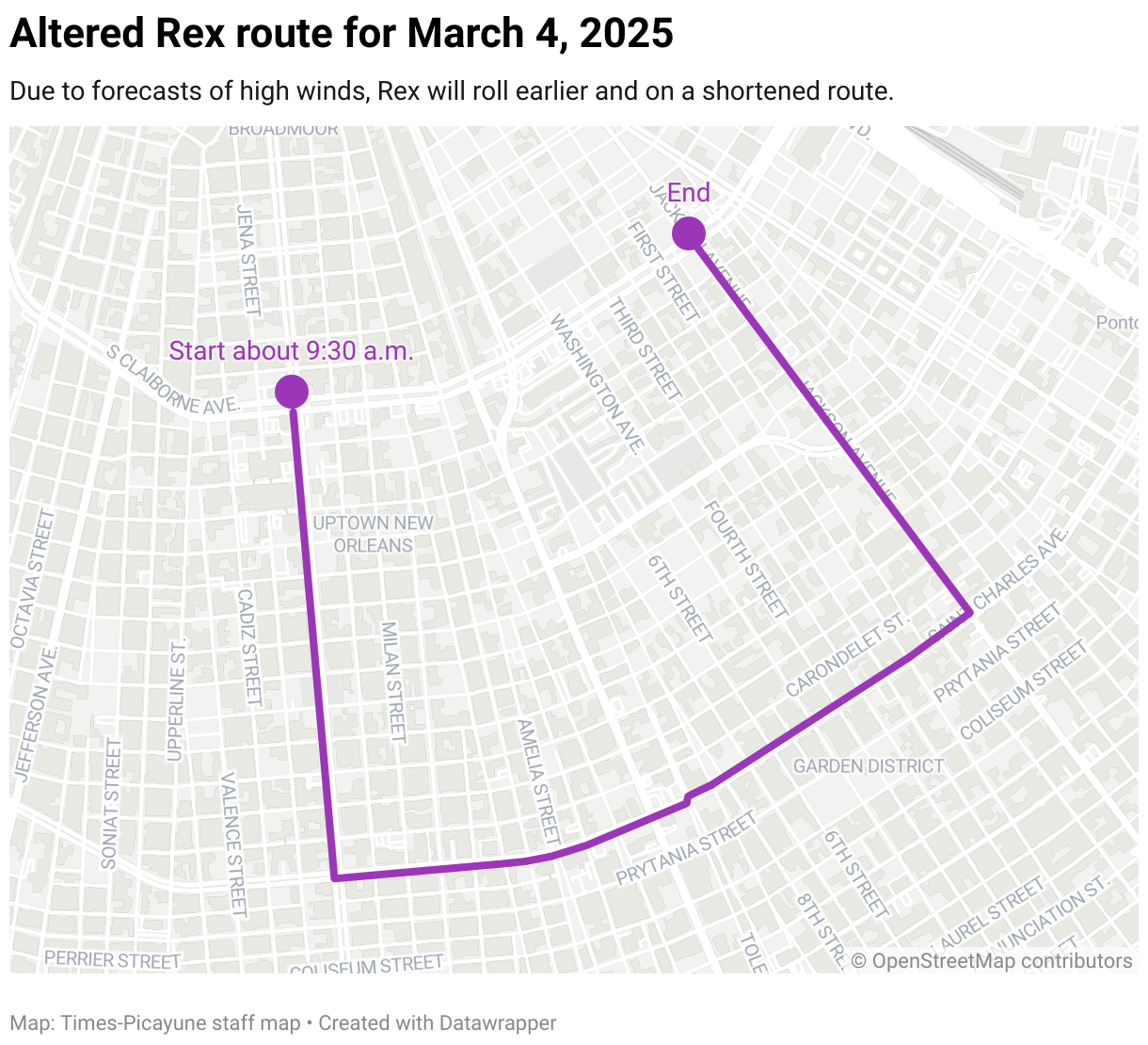 Rex will roll starting at 9:30 a.m. on a shortened route due to concerns about high winds. The parade will start at South Claiborne Avenue and Napoleon Avenue and will proceed down Napoleon before turning left on St. Charles Avenue. But the parade will turn left onto Poydras Street before disbanding near the Caesars Superdome rather than continuing on to Canal Street.