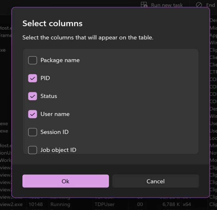 In-app dialogs such as selecting columns on the Details page will show in the selected theme for Task Manager.