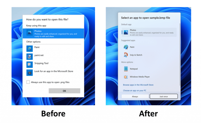 The “Open with” dialog before and after with the updated design.