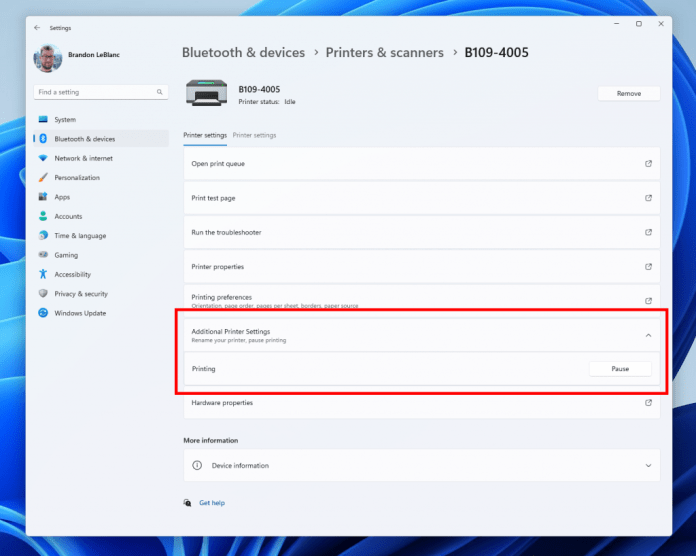 Pause and resuming print jobs in print queue for printers in Settings.