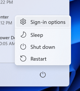 A link to sign-in options has been added to the power menu on Start.
