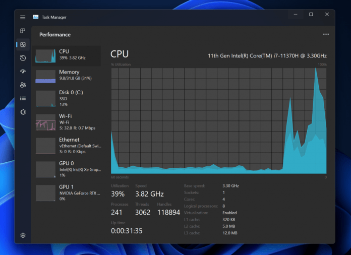 The updated design of Task Manager in dark theme.