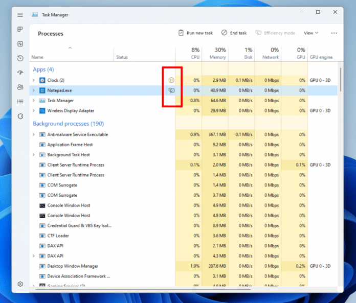 The new Suspended and Efficiency mode icons as they appear in Task Manager.