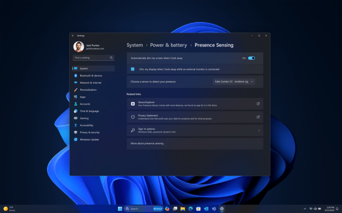 Presence sensing screen in Windows 11